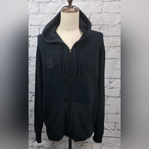 Polo Ralph Lauren Full Zip Sweater All Black Big Pony Flag Hoodie 2XL XXL 3XL - Picture 1 of 16